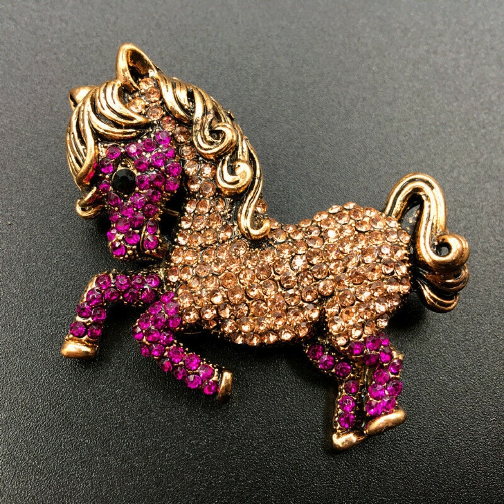 Champagne/Purple Rhinestone Pony Brooch